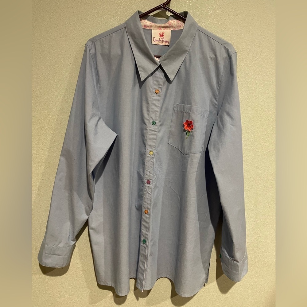 Quacker Factory Blue Shirt with Floral Embroidery